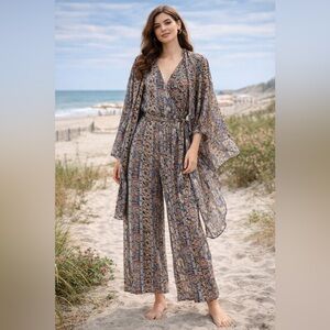 Suttles & Seawinds Wide Leg Jumpsuit Coastal Small 3 Piece Flowy Wedding Guest